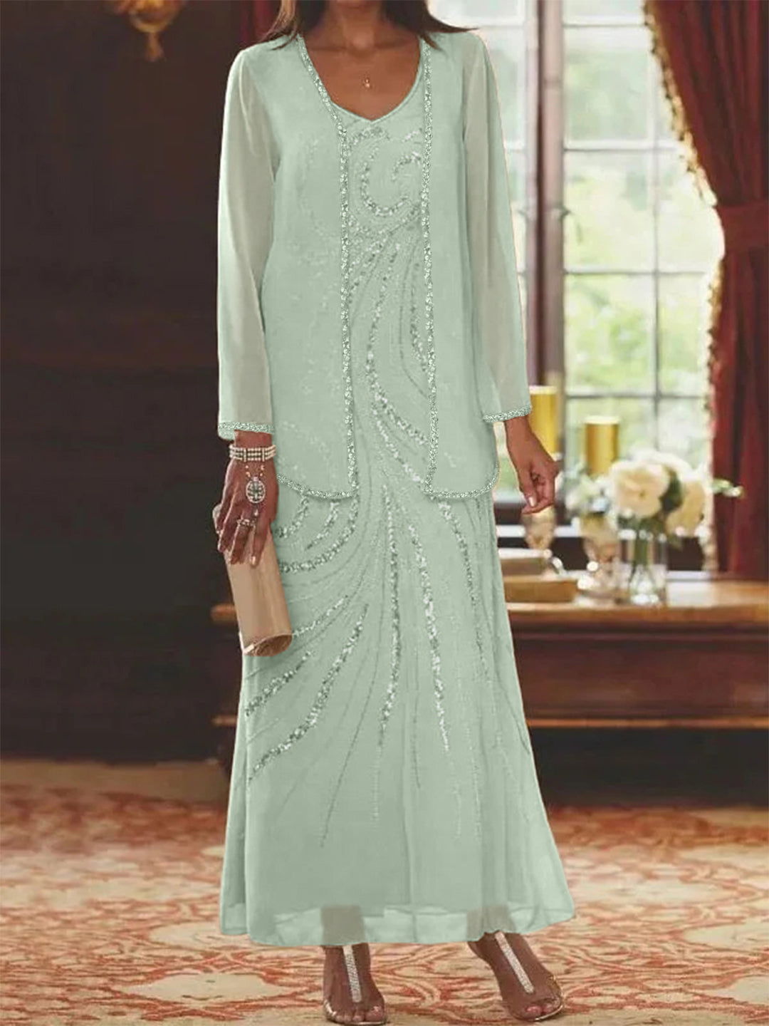 Chiffon Mother of the Bride Dress 3/4 Sleeve Wedding Guest Dress with Beadings