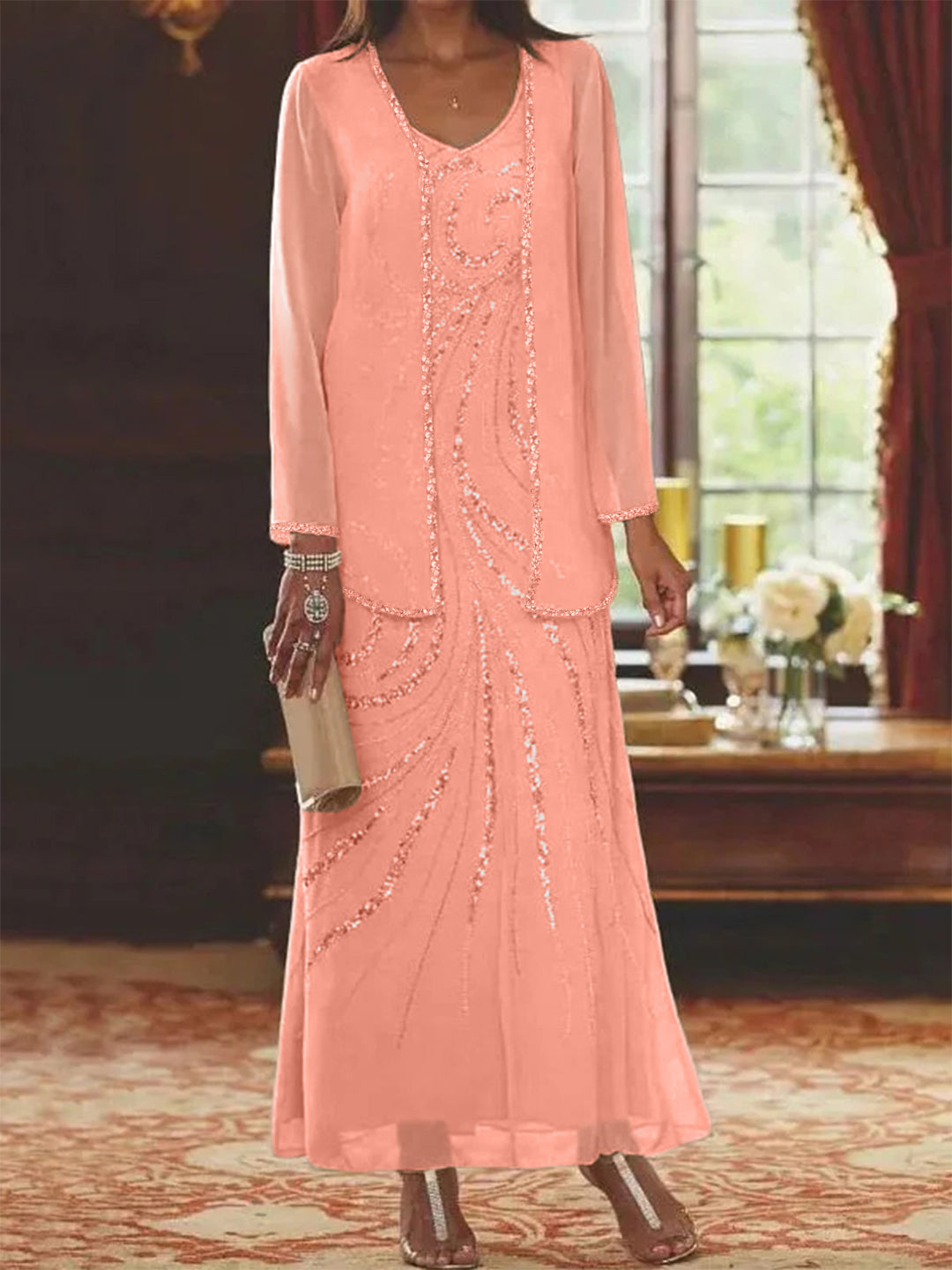 Chiffon Mother of the Bride Dress 3/4 Sleeve Wedding Guest Dress with Beadings