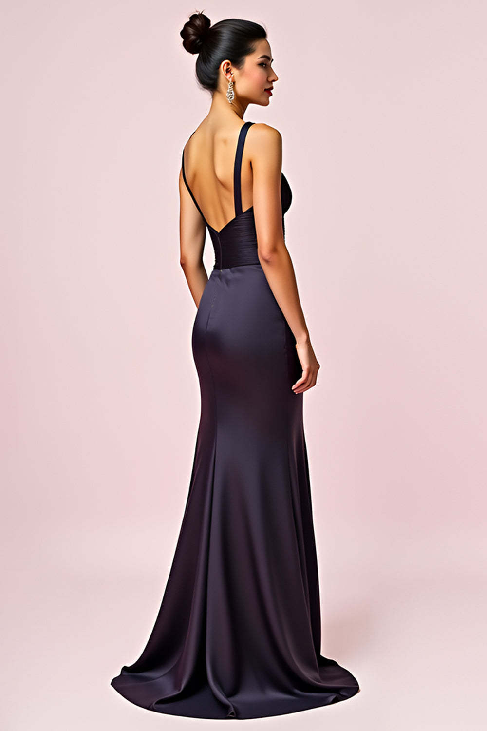 V-Neck Backless Navy Wedding Guest Dress Sheath Long Formal Dress
