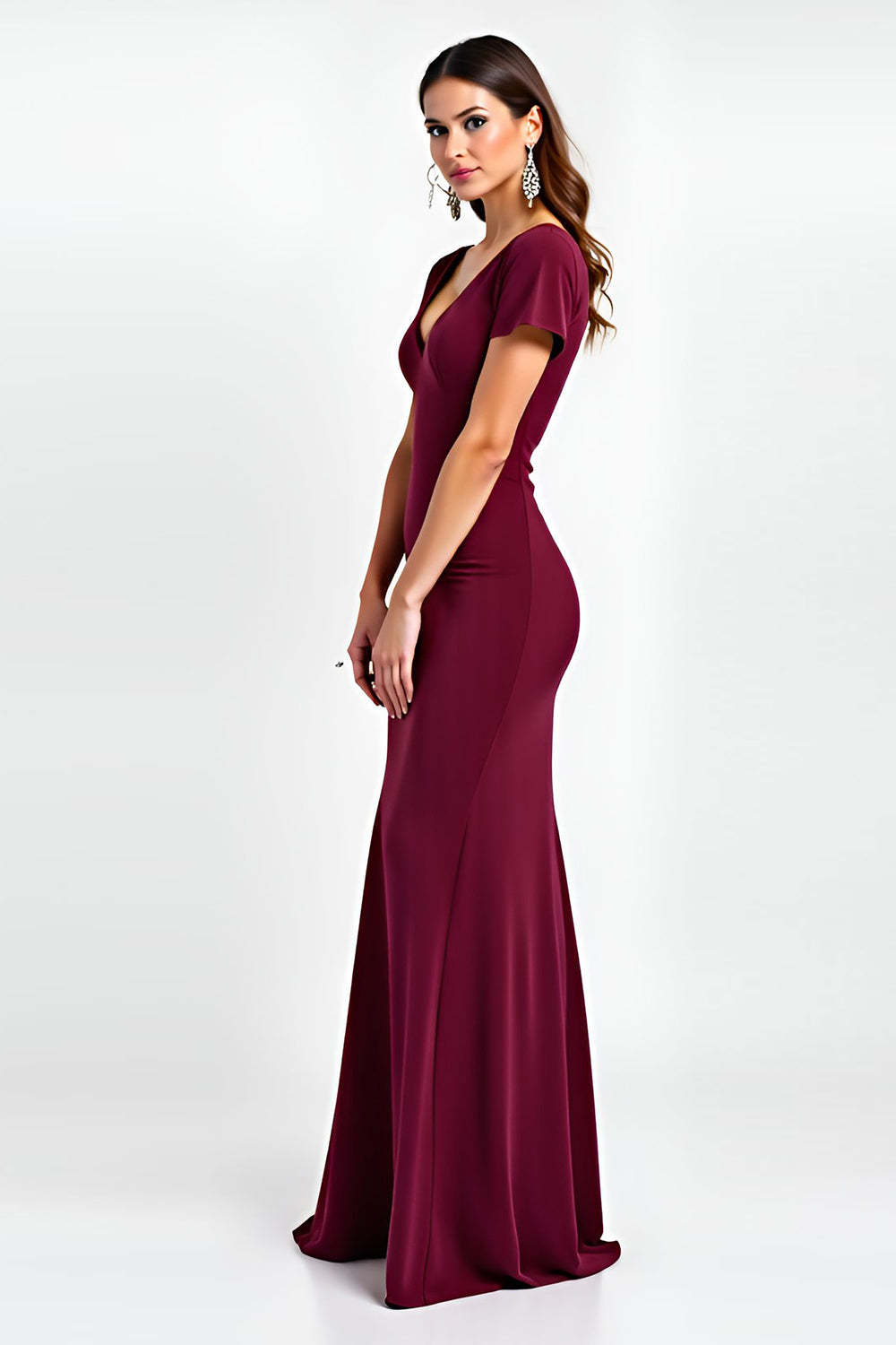 Suzhoufashion V-Neck Burgundy Wedding Guest Dress Short Sleeves Long Formal Dress Suzhoufashion V-Neck Burgundy Wedding Guest Dress Short Sleeves Long Formal Dress