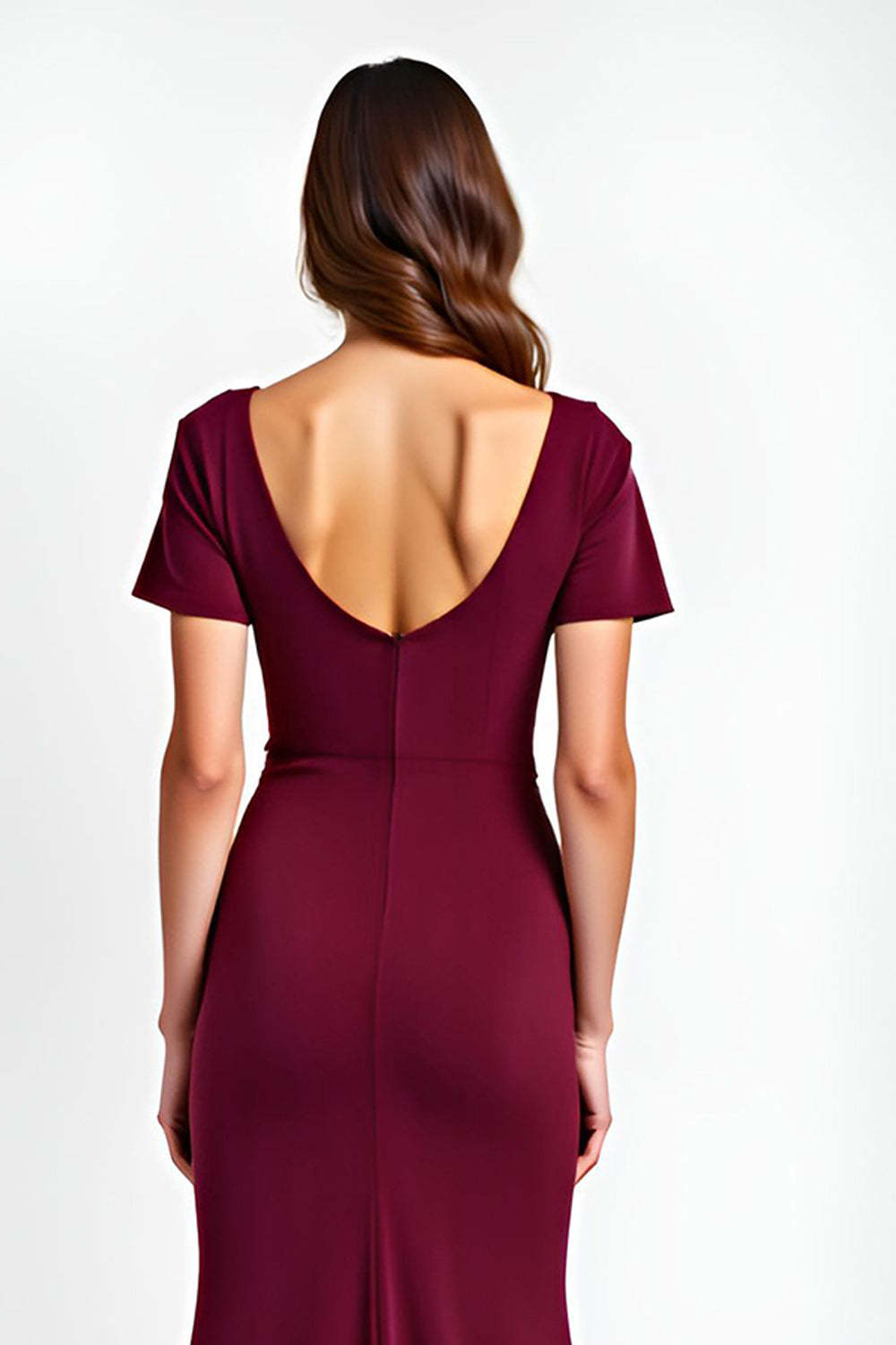 Suzhoufashion V-Neck Burgundy Wedding Guest Dress Short Sleeves Long Formal Dress