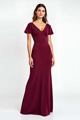 Suzhoufashion V-Neck Burgundy Wedding Guest Dress Short Sleeves Long Formal Dress Suzhoufashion V-Neck Burgundy Wedding Guest Dress Short Sleeves Long Formal Dress