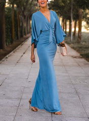 V Neck Long Mother of the Bride Dress with Front Split and Half Sleeves