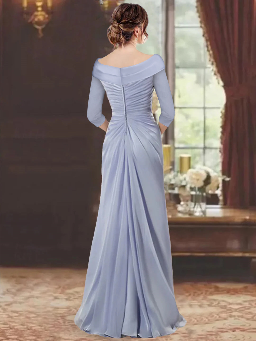 V Neck Long Mother of the Bride Dress with Ruffles and Appliques Half Sleeves