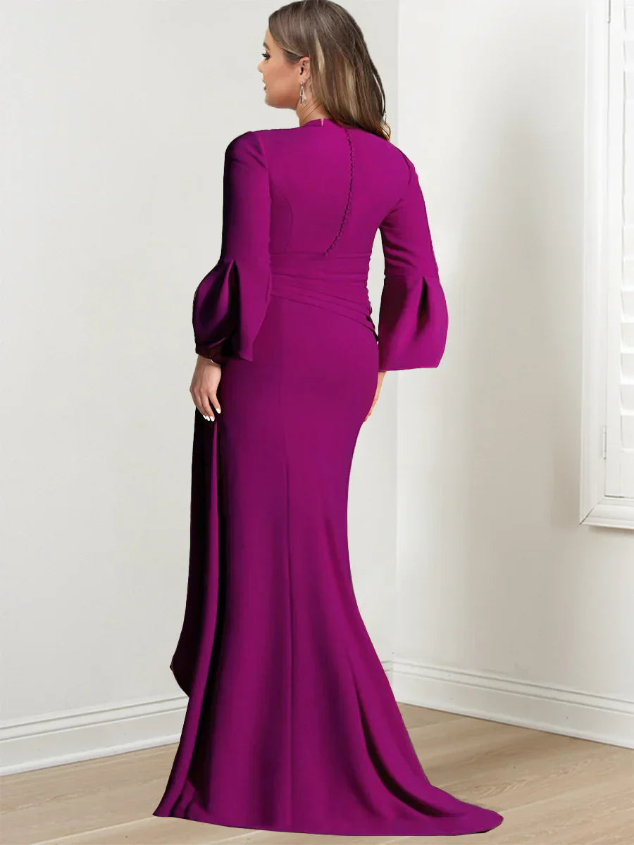 V Neck Long Plus Size Mother of the Bride Gown With Side Split and Long Sleeves