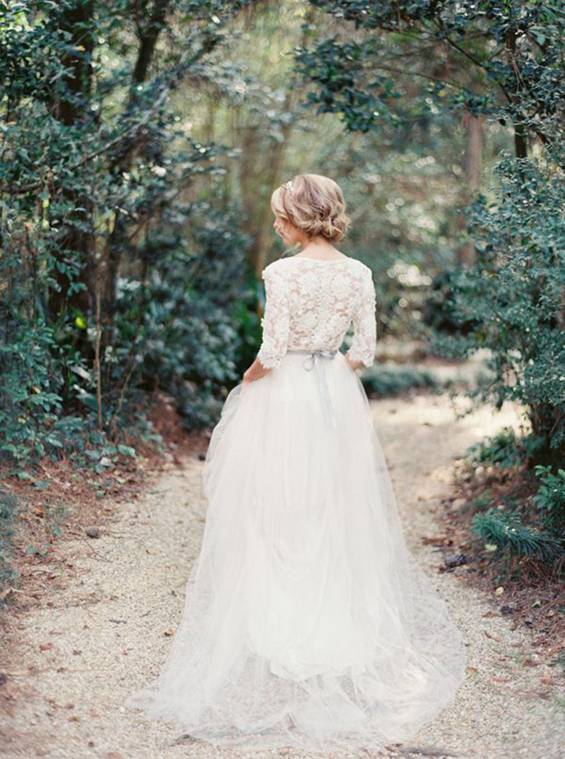 V-Neck Half Sleeve Lace Summer Wedding Dress Elegant Tulle A-Line Bridal Gowns