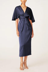 V Neck Half Sleeve Tea Length Sheath Dress with Ruffles for the Mother of the Bride