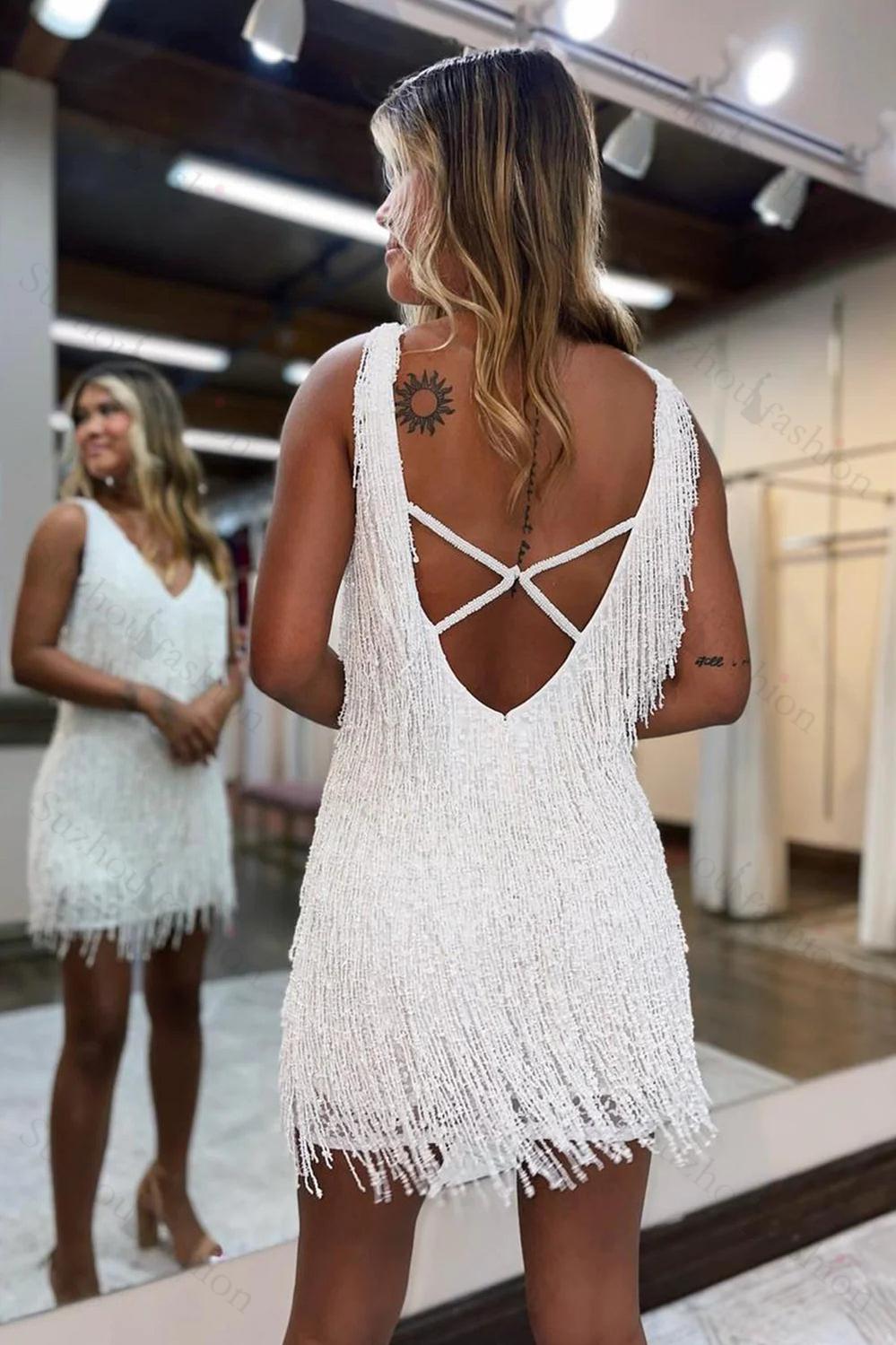 Homecoming Dress V-Neck Backless Tight Short Prom Dress with Fringes Suzhoufashion Homecoming Dress V-Neck Backless Tight Short Prom Dress with Fringes Suzhoufashion