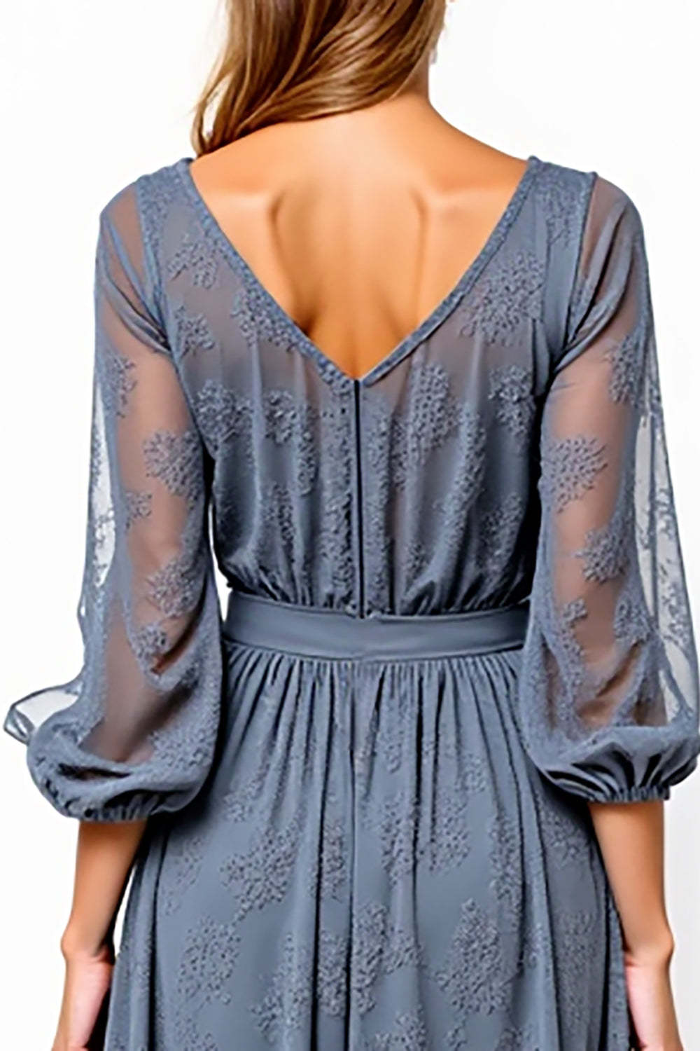 V-Neck Knee-Length A Line Grey Formal Dress With Lace