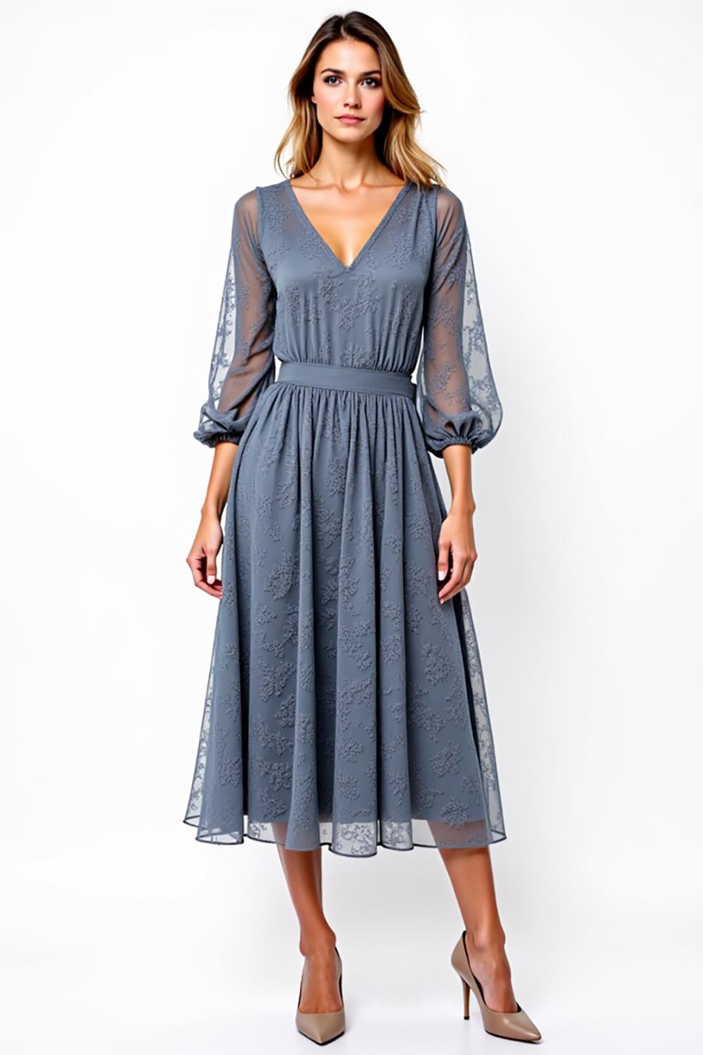 V-Neck Knee-Length A Line Grey Formal Dress With Lace