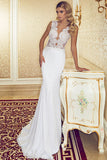 V-Neck Lace Mermaid Wedding Dresses  Chiffon Beadings Sleeveless Sweep Train Bridal Gowns