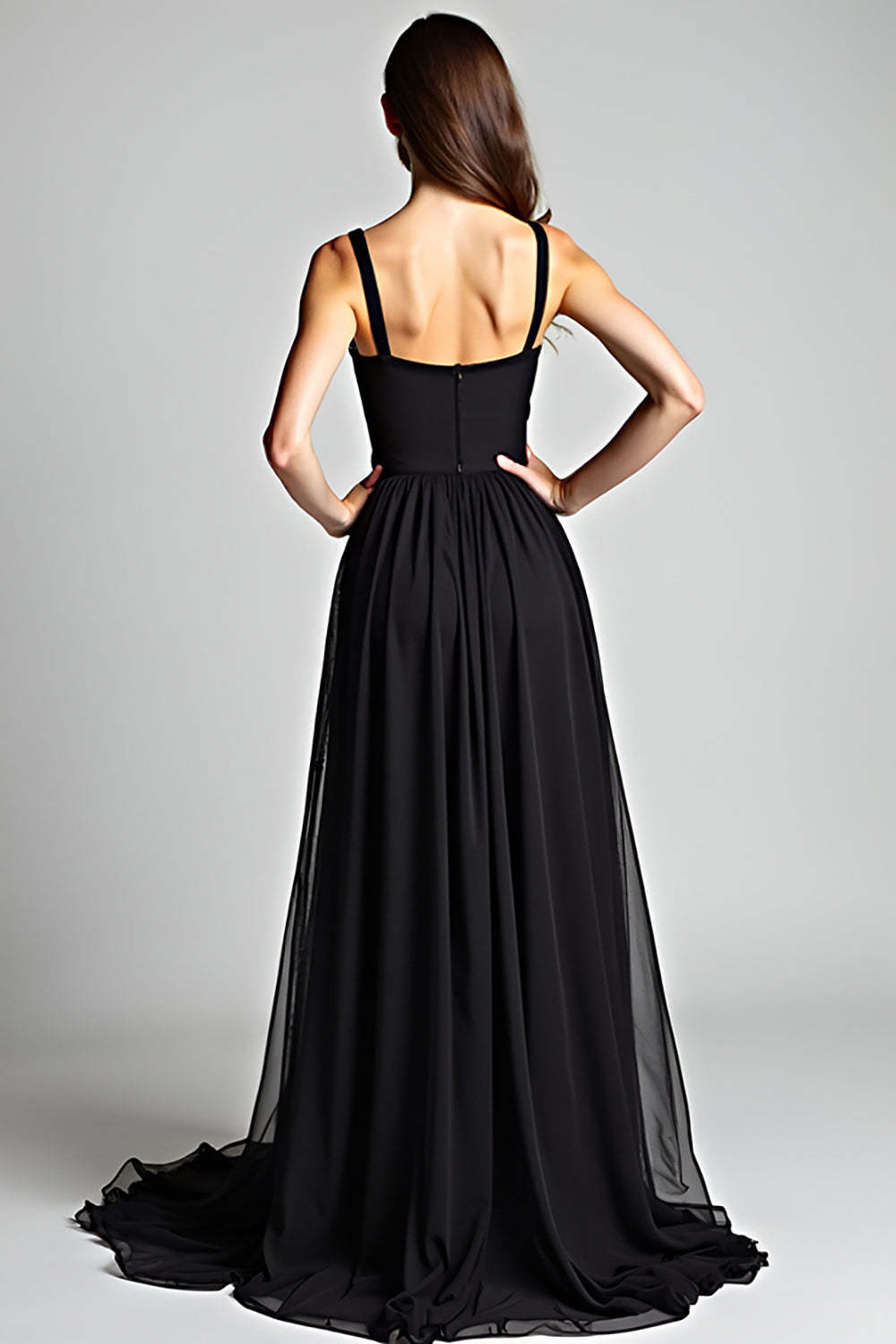 V-Neck Long Black Wedding Guest Dress A Line Formal Dress With Slit