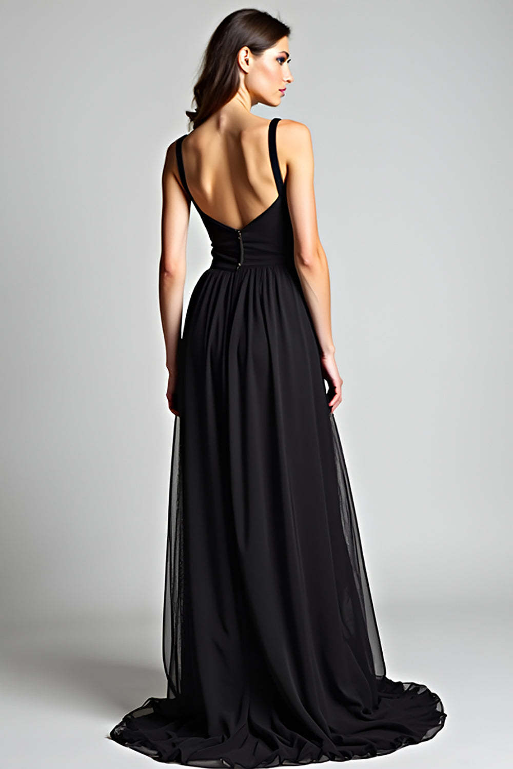 V-Neck Long Black Wedding Guest Dress A Line Formal Dress With Slit