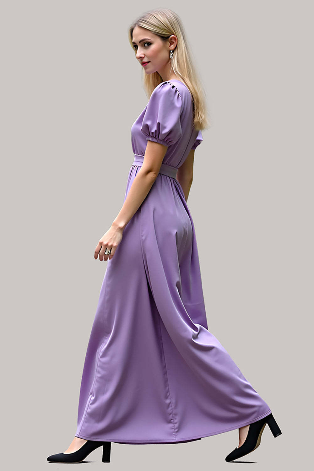 Suzhoufashion V-Neck Long Purple Wedding Guest Dress Satin Formal Dress with Short Sleeves