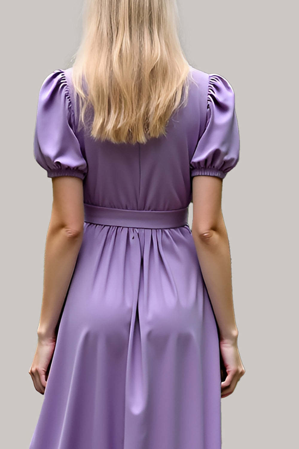 V-Neck Long Purple Wedding Guest Dress Satin Formal Dress With Short Sleeves