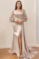 V Neck Long Sleeve Trumpet Mermaid Mother of the Bride Dress with Side Split and Ruched Detail