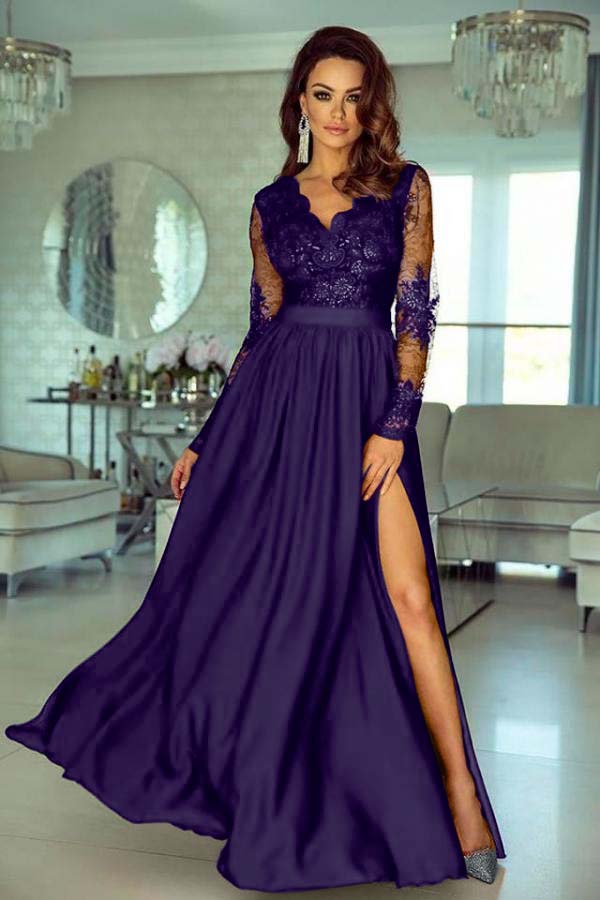 V Neck Long Sleeve Wedding Guest Dress Lace A Line Long Evening Formal Dress With Side Split