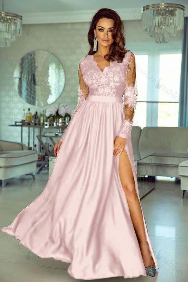 V Neck Long Sleeve Wedding Guest Dress Lace A Line Long Evening Formal Dress With Side Split