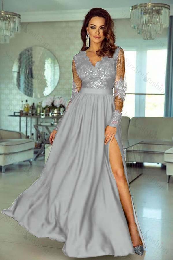 V Neck Long Sleeve Wedding Guest Dress Lace A Line Long Evening Formal Dress With Side Split