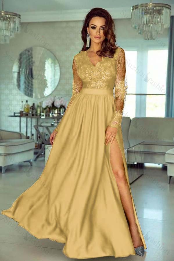 V Neck Long Sleeve Wedding Guest Dress Lace A Line Long Evening Formal Dress With Side Split
