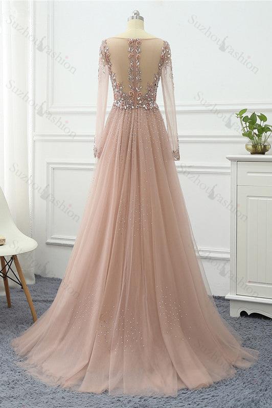 V Neck Long Sleeves Evening Formal Dress Tulle Ruffled With Beading Appliques