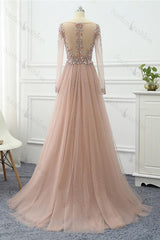 V Neck Long Sleeves Evening Formal Dress Tulle Ruffled With Beading Appliques