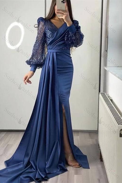 V Neck Long Sleeves Sequined Mermaid Split Evening Formal Dress With Ruffled