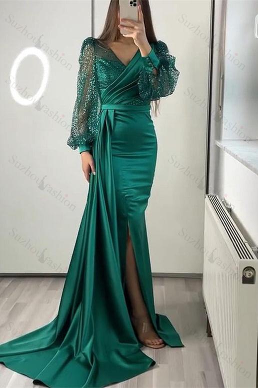 V Neck Long Sleeves Sequined Mermaid Split Evening Formal Dress With Ruffled