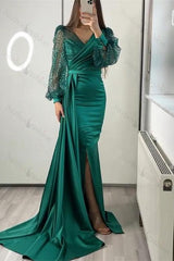 V Neck Long Sleeves Sequined Mermaid Split Evening Formal Dress With Ruffled