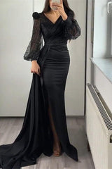 V Neck Long Sleeves Sequined Mermaid Split Evening Formal Dress With Ruffled