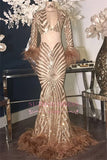 V-Neck Modern See-Through Long-Sleeves Feathers Mermaid Sequins Prom Dresses