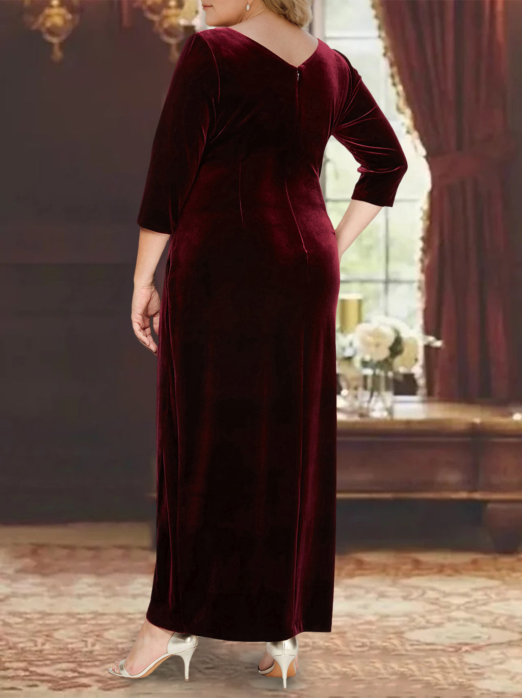 V Neck A Line Asymmetrical Mother of the Bride Dress with 3/4 Sleeves and Ruffles