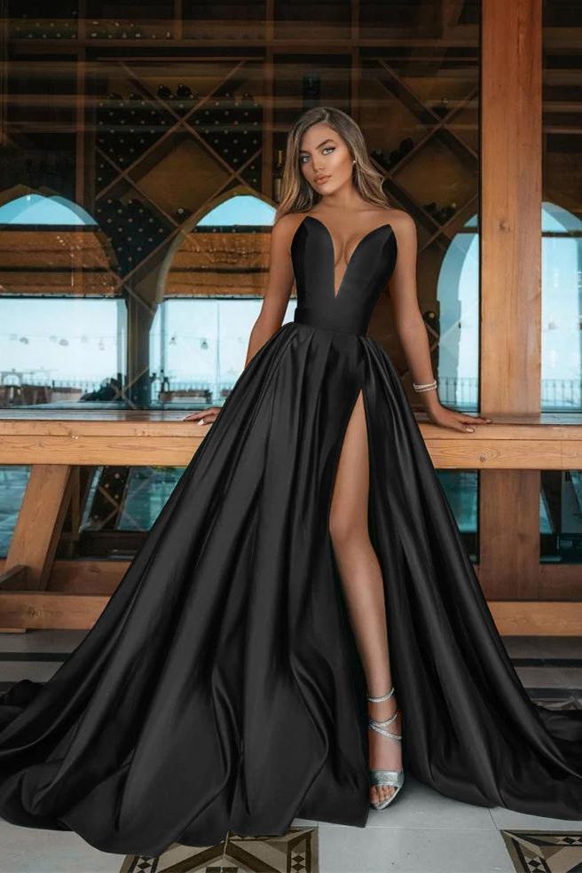 V Neck Prom Dress Sleeveless Emerald A Line Green Evening Formal Dress With Side Split