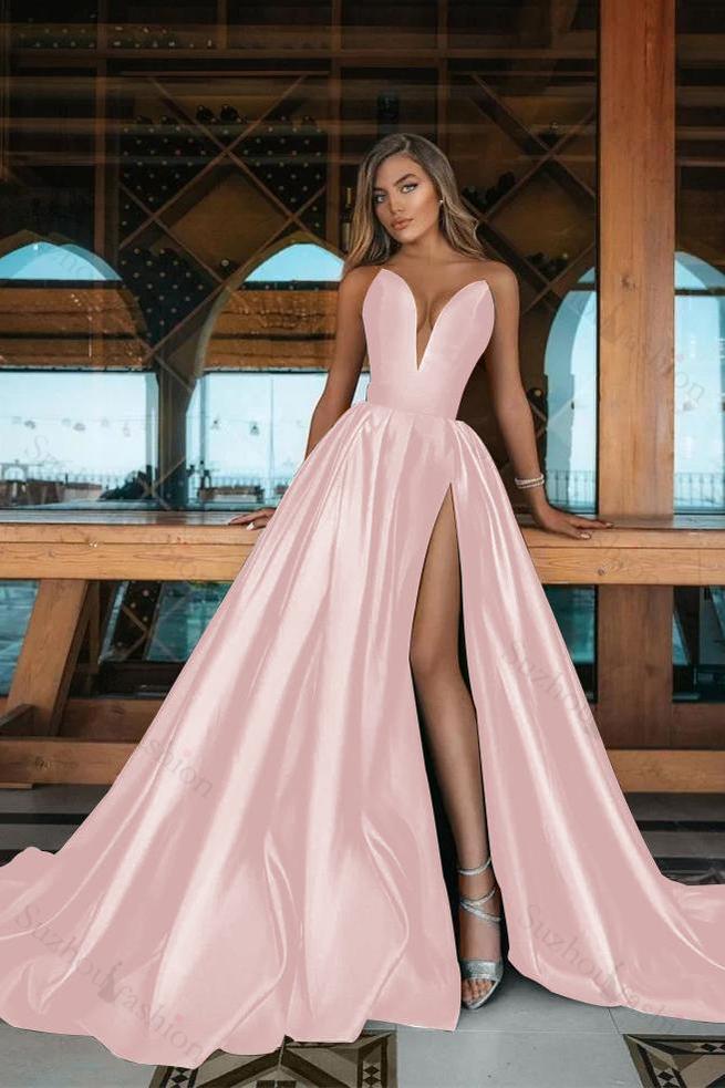 V Neck Prom Dress Sleeveless Emerald A Line Green Evening Formal Dress With Side Split