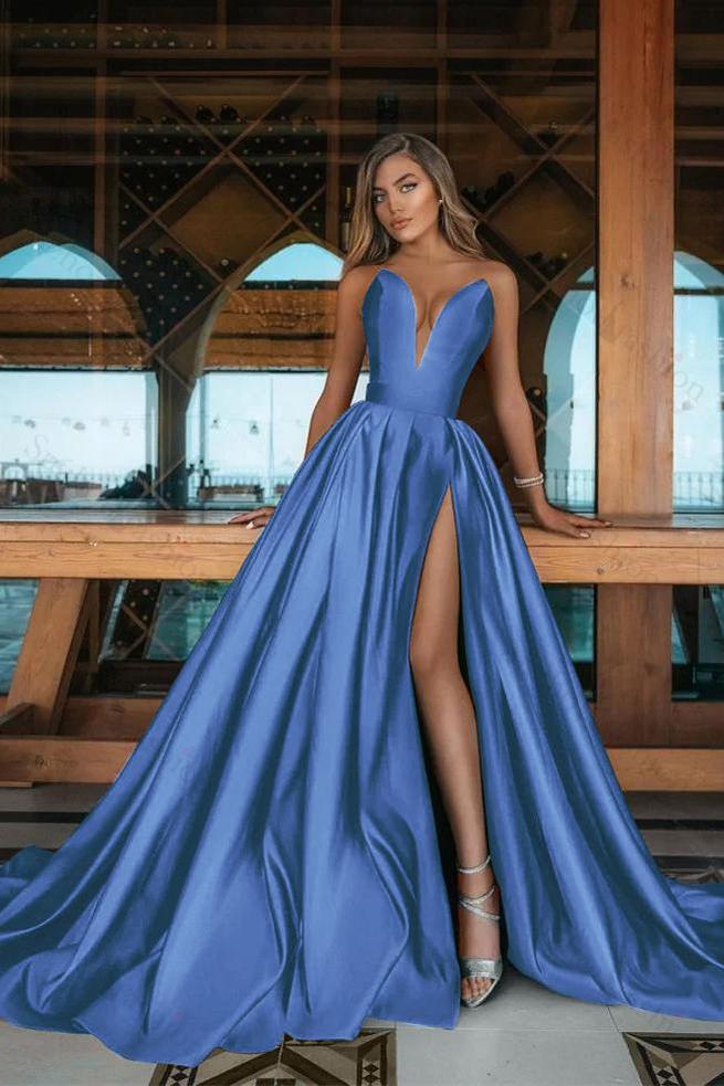 V Neck Prom Dress Sleeveless Emerald A Line Green Evening Formal Dress With Side Split