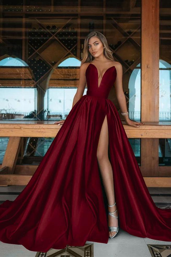 V Neck Prom Dress Sleeveless Emerald A Line Green Evening Formal Dress With Side Split
