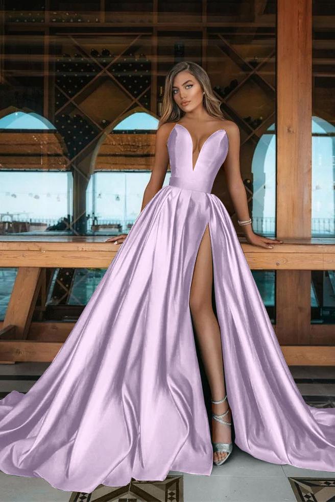 V Neck Prom Dress Sleeveless Emerald A Line Green Evening Formal Dress With Side Split