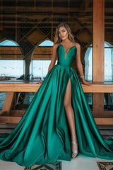 V Neck Prom Dress Sleeveless Emerald A Line Green Evening Formal Dress With Side Split