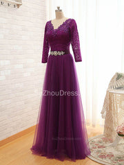 V-Neck Purple Long Sleeve Mother of the Bride Dress Sequins Lace Formal Evening Dress