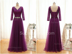V-Neck Purple Long Sleeve Mother of the Bride Dress Sequins Lace Formal Evening Dress