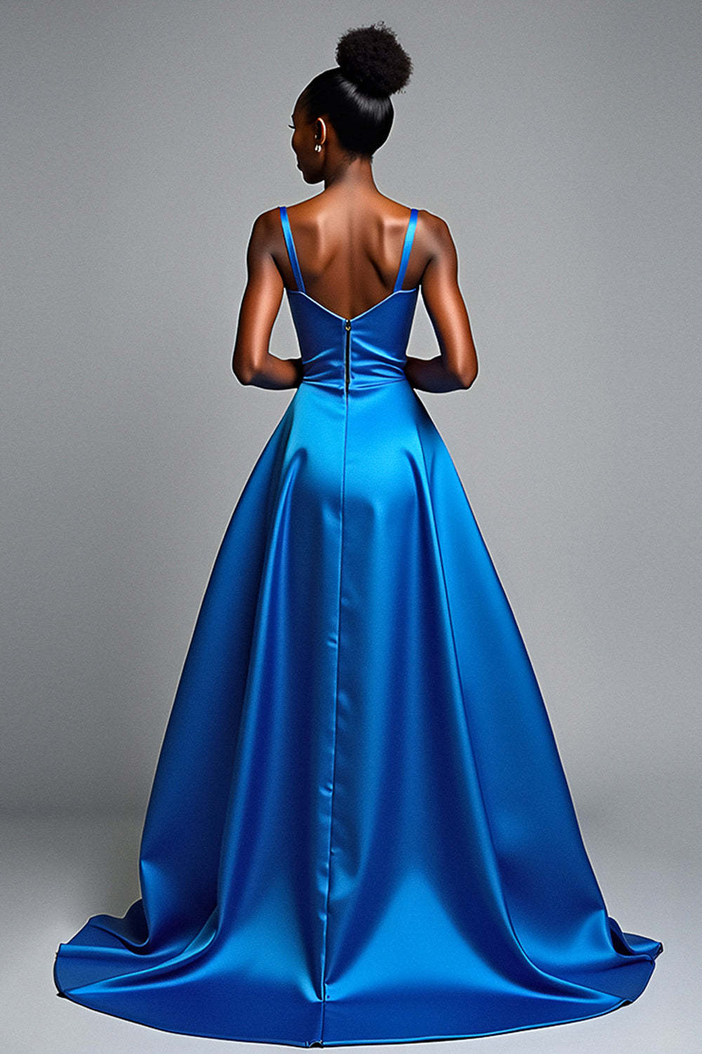 V-Neck Royal Blue Wedding Guest Dress Long Satin Formal Dress With Slit