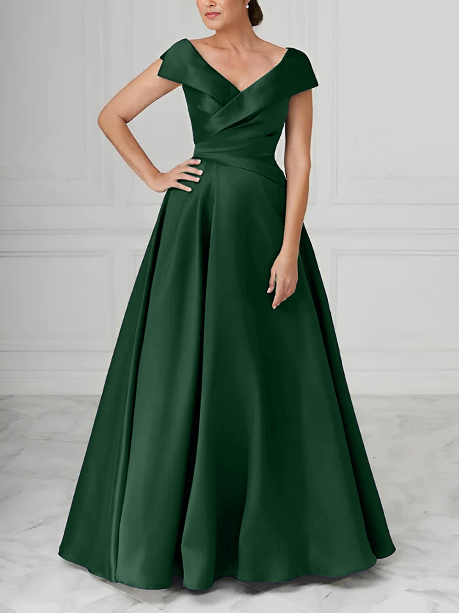 V Neck Satin A Line Mother of the Bride Dress with Ruched Details
