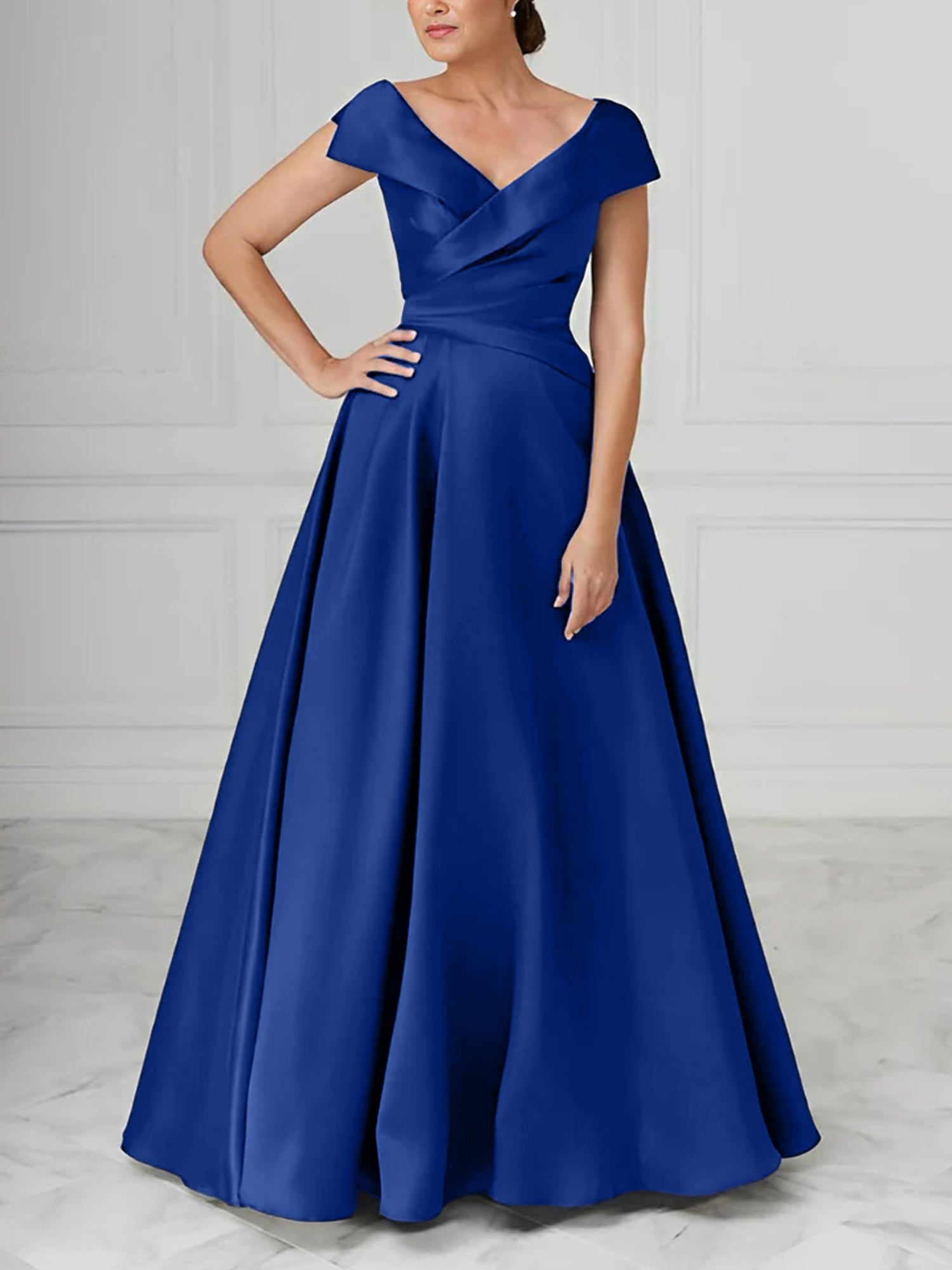 V Neck Satin A Line Mother of the Bride Dress with Ruched Details