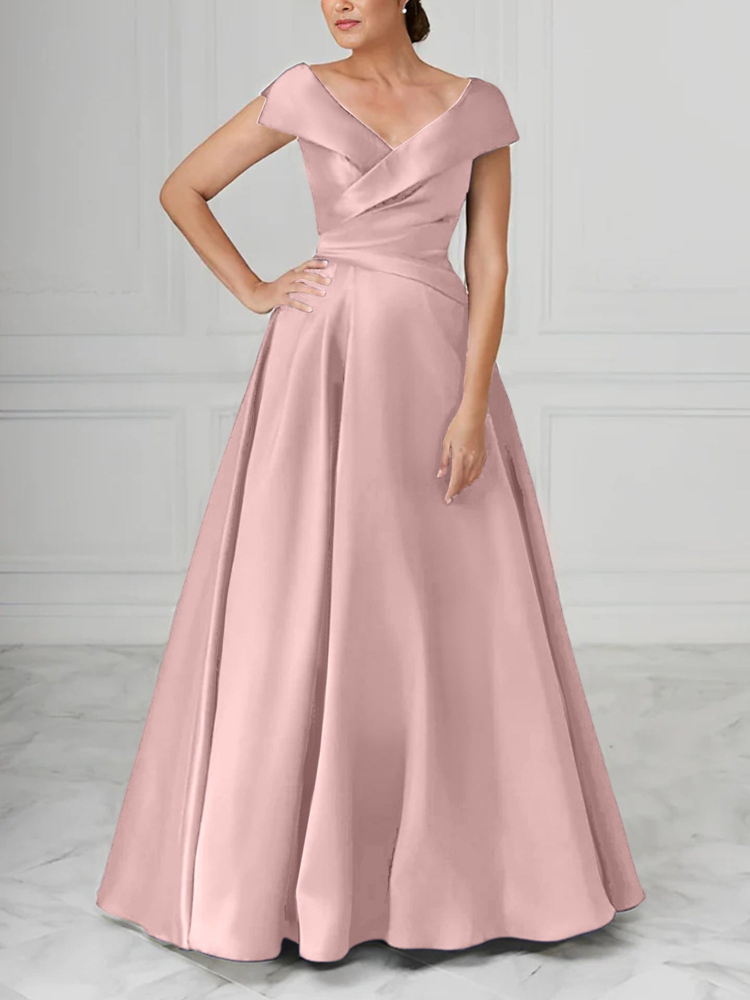 V Neck Satin A Line Mother of the Bride Dress with Ruched Details