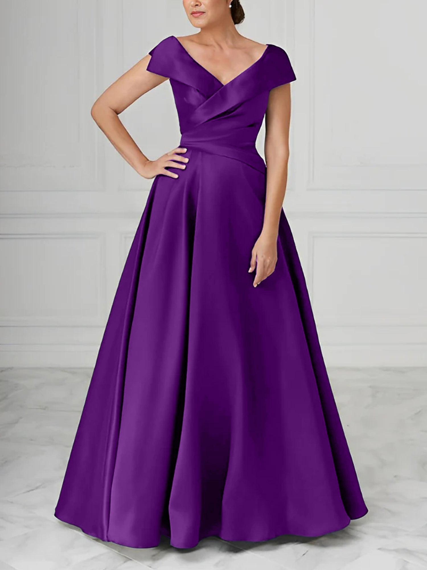 V Neck Satin A Line Mother of the Bride Dress with Ruched Details
