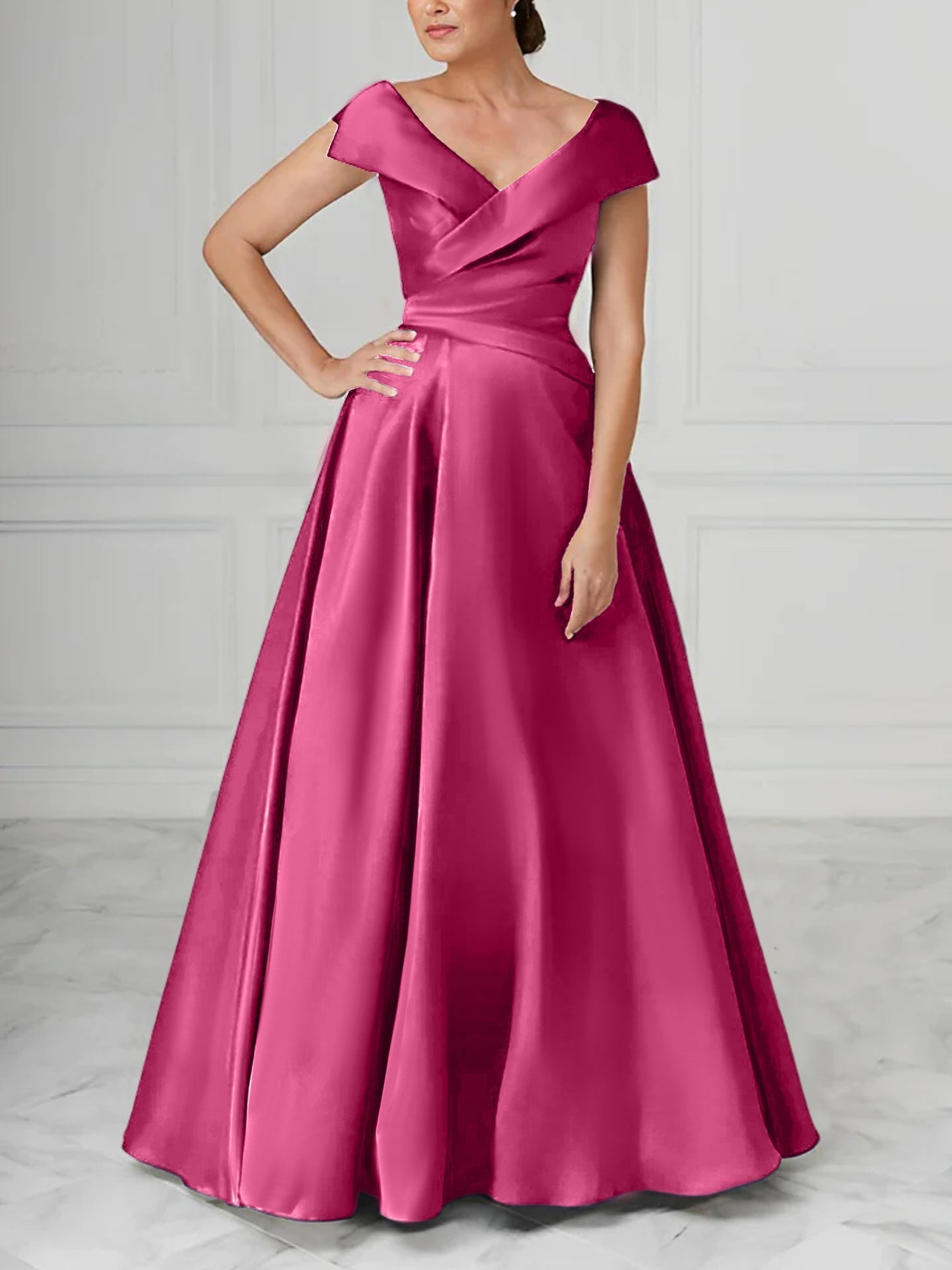 V Neck Satin A Line Mother of the Bride Dress with Ruched Details