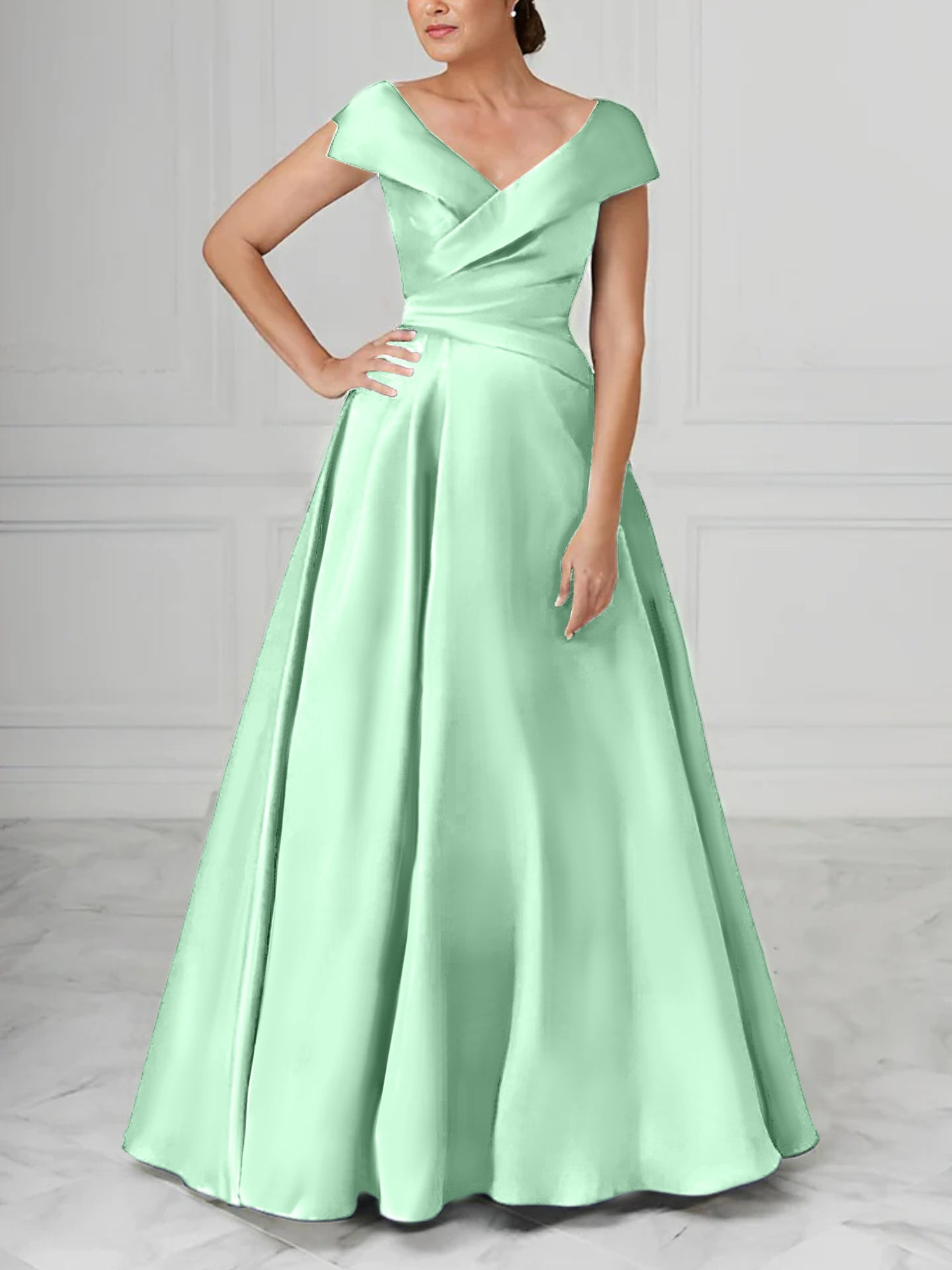 V Neck Satin A Line Mother of the Bride Dress with Ruched Details