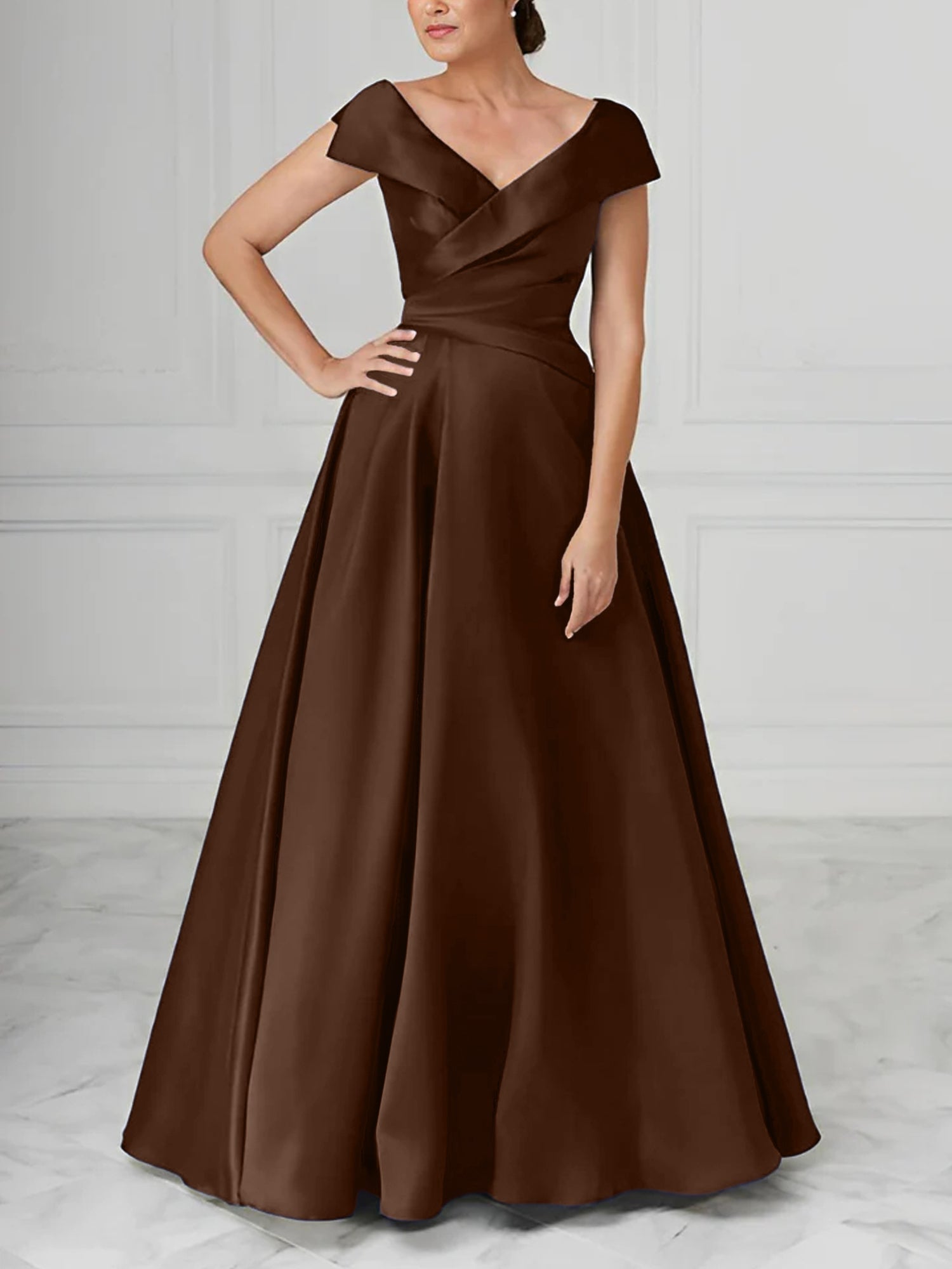 V Neck Satin A Line Mother of the Bride Dress with Ruched Details