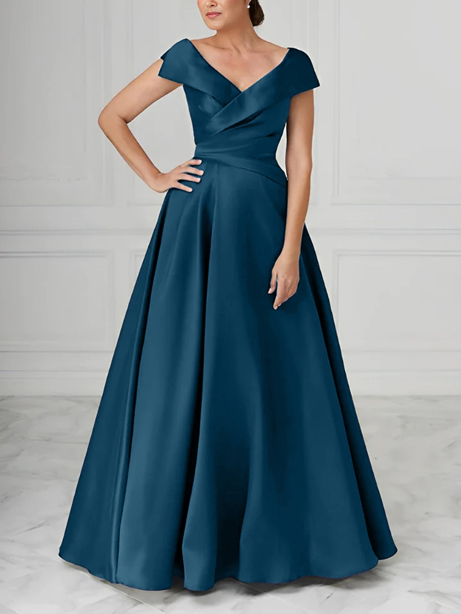 V Neck Satin A Line Mother of the Bride Dress with Ruched Details