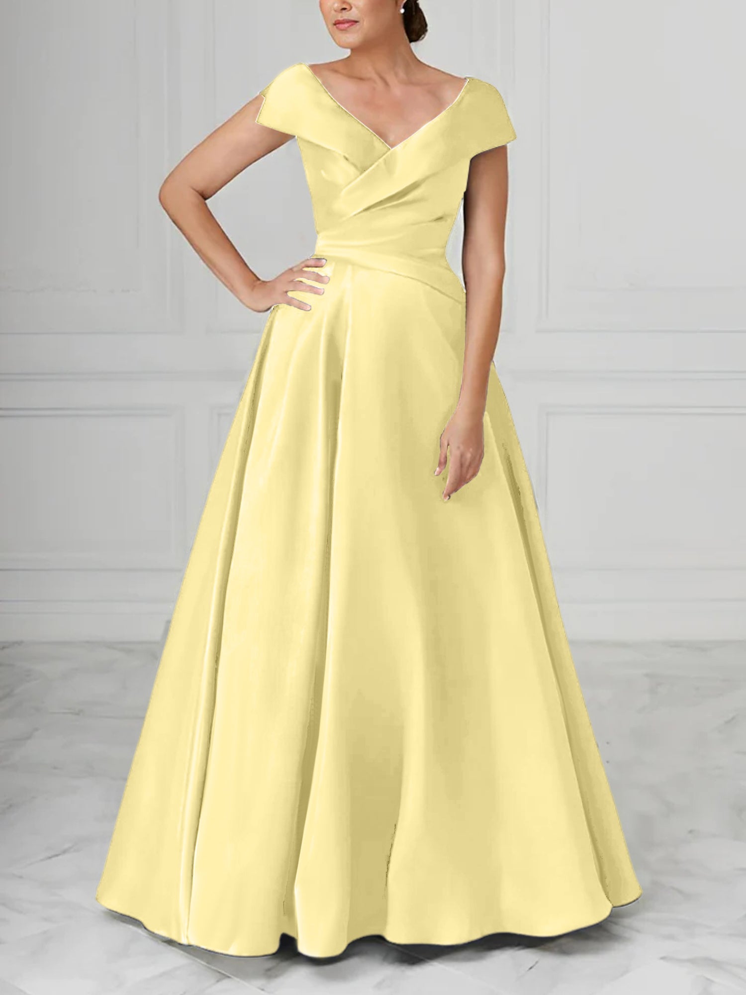 V Neck Satin A Line Mother of the Bride Dress with Ruched Details